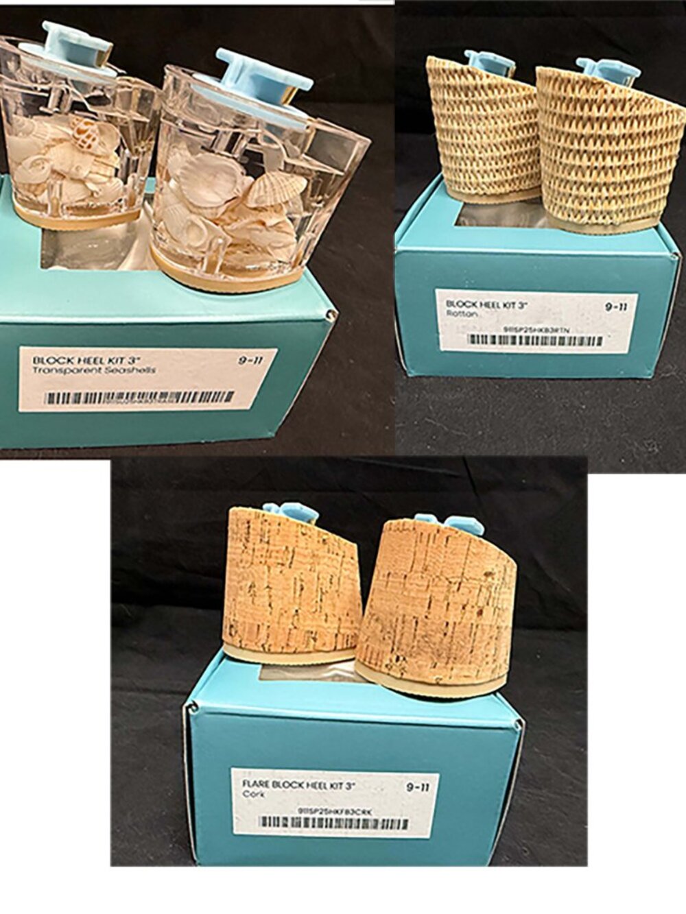 Lot of 3 PASHION FOOTWEAR HEEL KITS -Rattan-SeaShells-Rafia for size 9-11 shoes